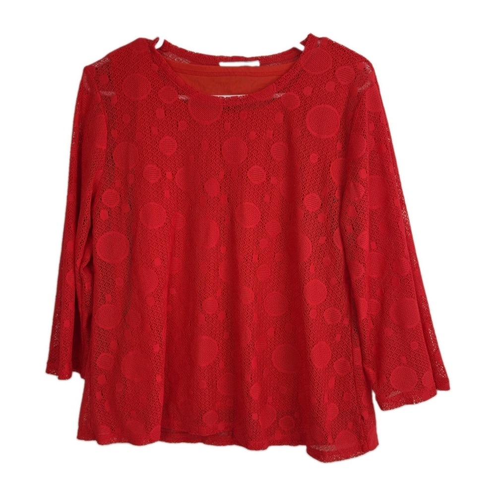 Keren Hart Blouse Womens L Red Coral Textured 3/4 Sleeve Flowy Top